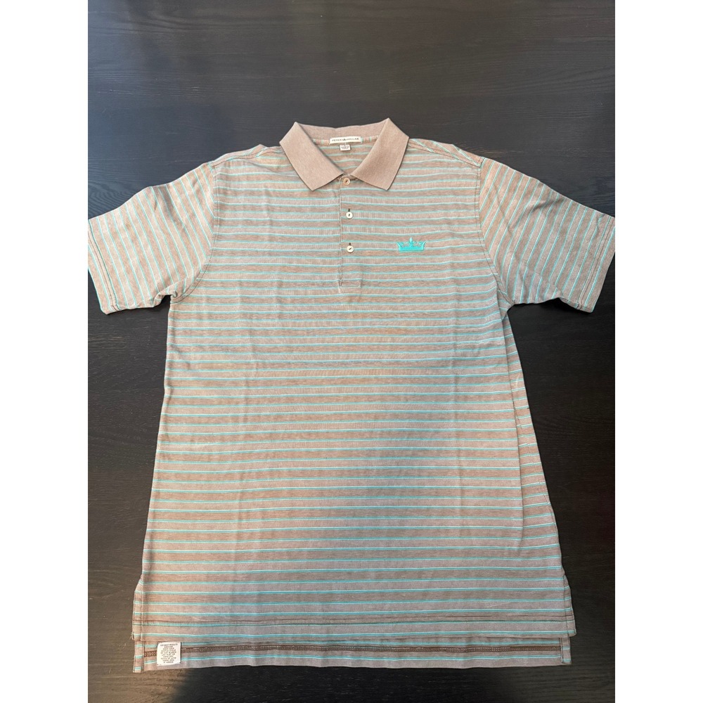 Peter Millar Mens Large Gray Blue Striped Cotton Short Sleeve Crown Logo Polo